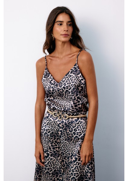 Askılı Leopar Desenli Saten Bluz - Gri modelleri