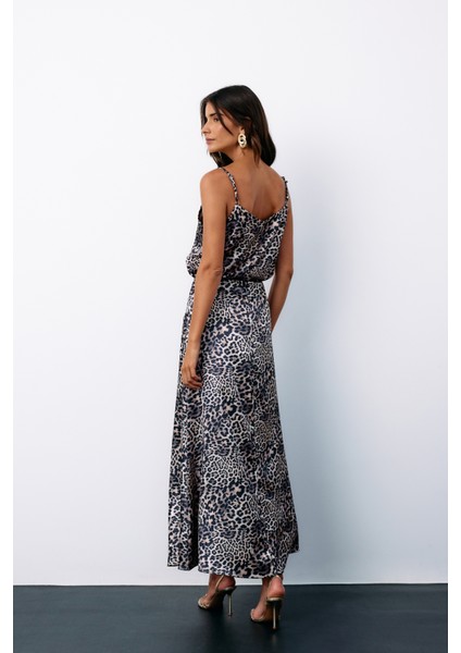 Askılı Leopar Desenli Saten Bluz - Gri fırsatları