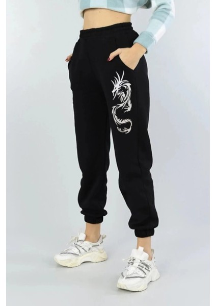 Kadın Jogger Eşofman Altı Yüksek Bel Siyah 2 İplik Kumaş Modern Tasarım