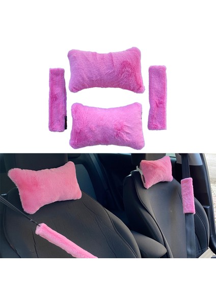 Peluş Ortopedik Araba Seyahat Boyun Yastığı Emniyet Kemer Pedi Seti Şeker Pembe
