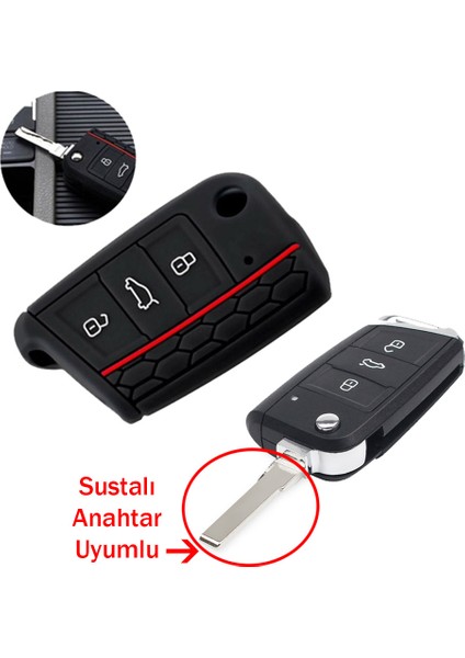 Skoda Octavia A7 Kodiaq Fabia Sustalı Anahtar Uyumlu Silikon Oto Anahtar Kumanda Kabı Siyah Kırmızı