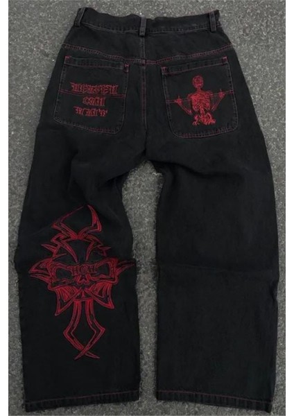 Siyah Nakışlı Skeleton Heaven Can Wait Streetwear Jean Pantolon