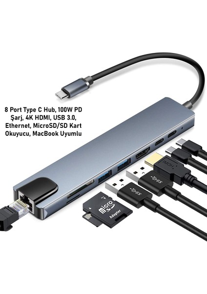 8 Port Type C Hub, 100W Pd Şarj, 4K Hdmı, USB 3.0, Ethernet, Microsd/sd Kart Okuyucu, MacBook Uyumlu