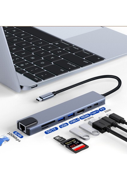 8 Port Type C Hub, 100W Pd Şarj, 4K Hdmı, USB 3.0, Ethernet, Microsd/sd Kart Okuyucu, MacBook Uyumlu