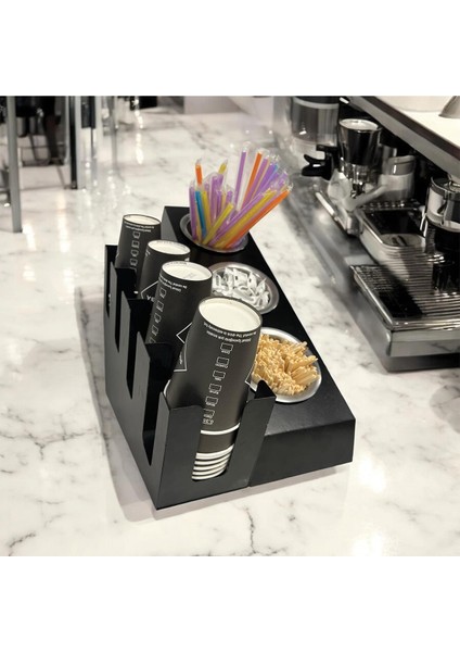4 Bölmeli 16OZ ve 3 Yuvalı Basamaklı Kahve Standı Düzenleyici Organizer Siyah Renkli Çok Bölmeli Kafe ve Self-Servis Için Pratik Organizatör