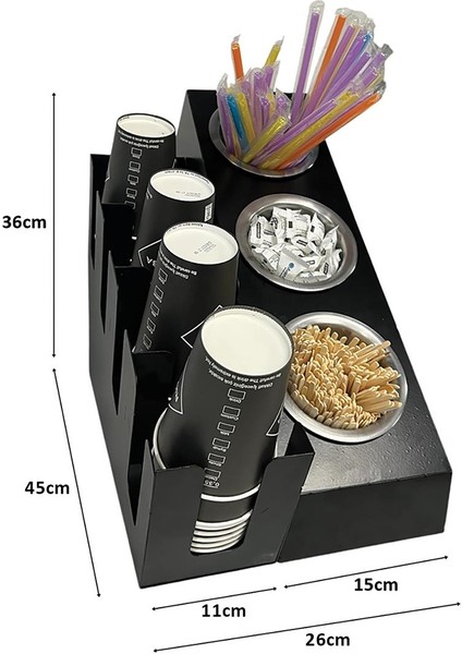 4 Bölmeli 16OZ ve 3 Yuvalı Basamaklı Kahve Standı Düzenleyici Organizer Siyah Renkli Çok Bölmeli Kafe ve Self-Servis Için Pratik Organizatör