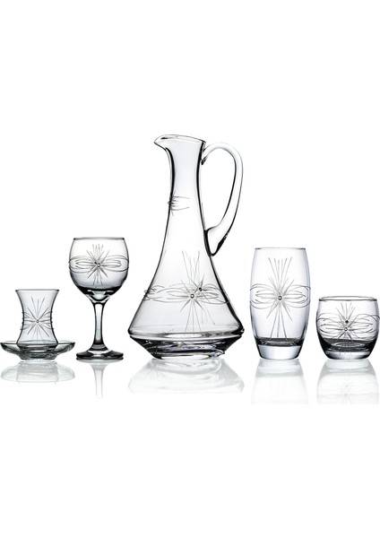 Pudgy 31 Parça 6 Kişilik Bardak Çeyiz Seti Dik Karaflı Mira Desenli