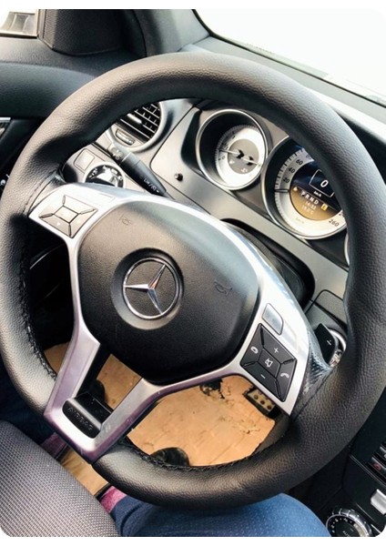Dikişli Deri Direksiyon Kılıfı Damarlı Siyah Deri Siyah Dikişli C Kasa Mercedes Için