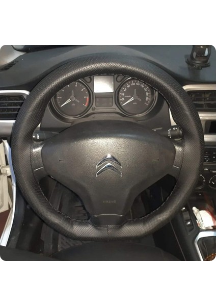 Dikişli Deri Direksiyon Kılıfı Damarlı Siyah Deri Siyah Dikişli Citroen Elysee Için