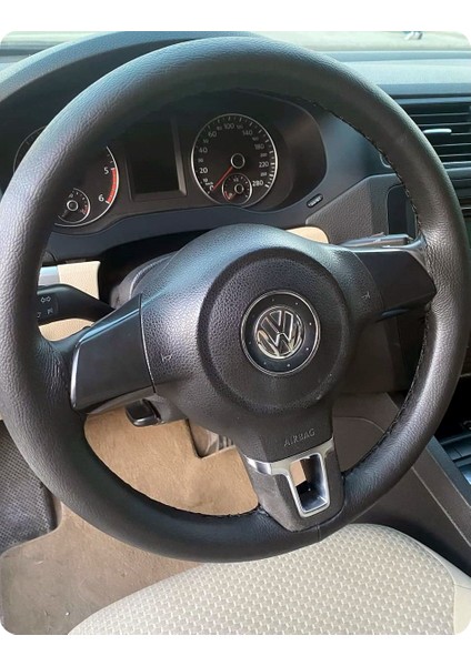 Dikişli Direksiyon Kılıfı Damarlı Siyah Deri Siyah Dikişli Volkswagen Golf Için