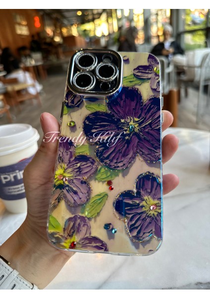 iPhone (12 Pro Max) Uyumlu 3 Boyutlu Mor Çiçekli Kılıf