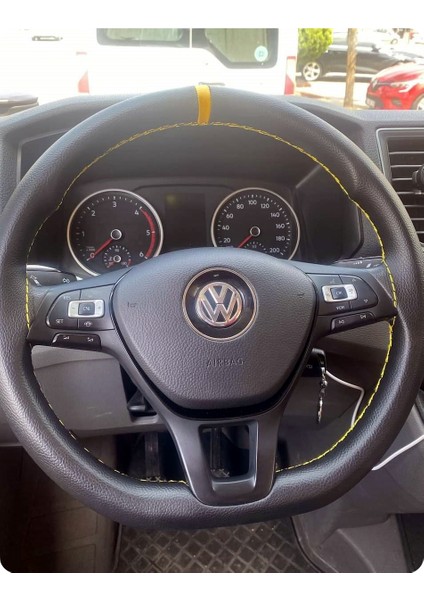 Dikişli Deri Direksiyon Kılıf Siyah Deri Sarı Yüzüklü Sarı Dikişli Volkswagen Için