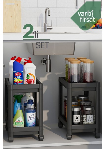 2 katlı tekerlekli düzenleyici mutfak rafı banyo rafı tezgah altı evye altı deterjanlık - 2 adet