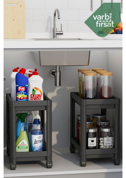 2 katlı tekerlekli düzenleyici mutfak rafı banyo rafı tezgah altı evye altı deterjanlık - 2 adet indirimleri