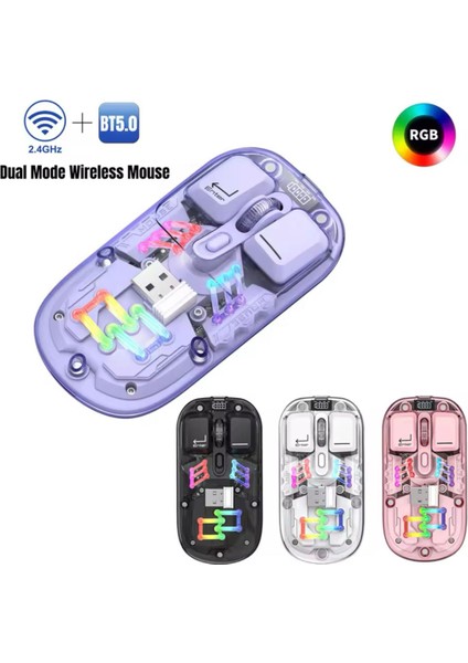 Şeffaf Çift Modlu Kablosuz Fare Dahili 400MAH Lityum Rgb Arka Pil Ofis Pc Faresi ve Eed Dizüstü modelleri