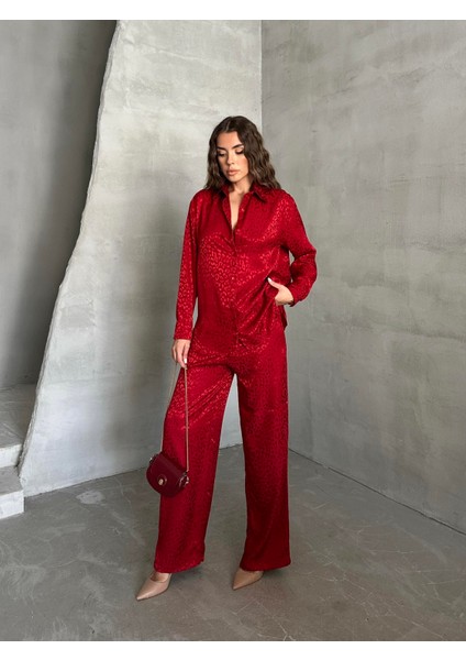 Parlak Desenli Gömlek Pantolon Takım Bordo