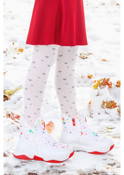 Rocco Fermuarlı Kız Çocuk Kar Botu Beyaz - Kırmızı