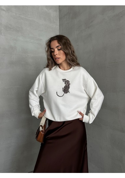 Leopar Baskılı Sweat Ekru