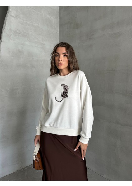 Leopar Baskılı Sweat Ekru