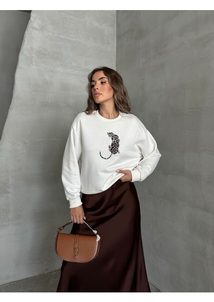 Leopar Baskılı Sweat Ekru