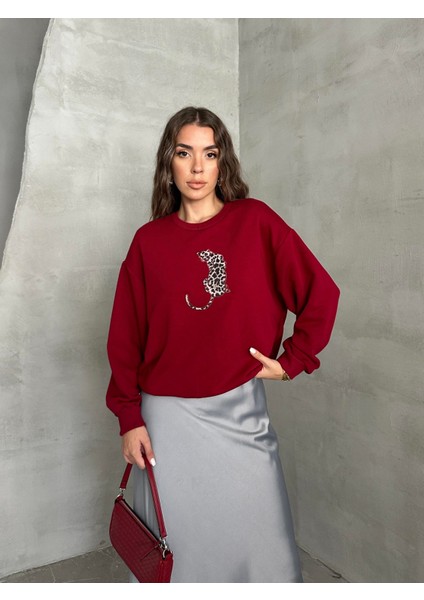 Leopar Baskılı Sweat Bordo