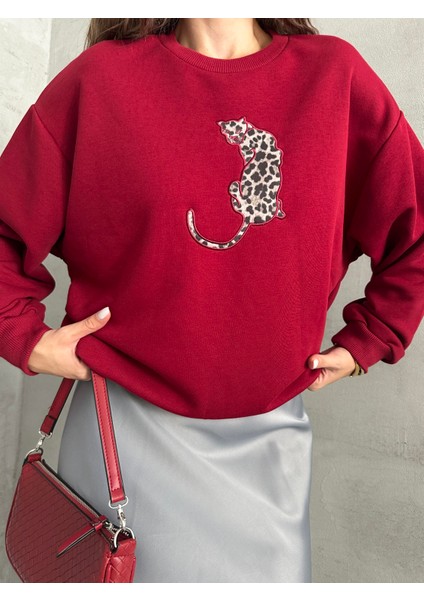 Leopar Baskılı Sweat Bordo