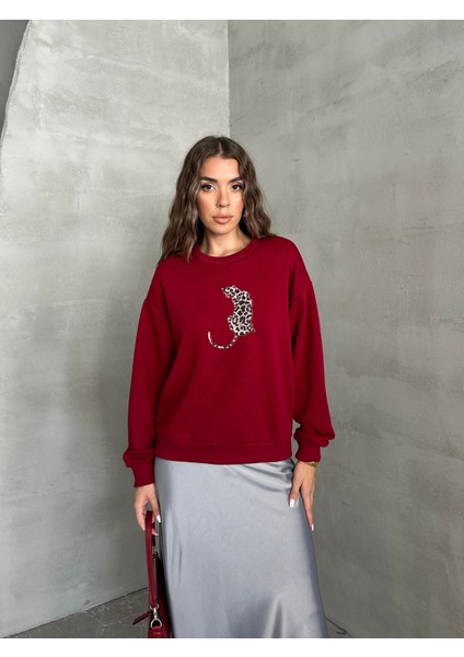 Leopar Baskılı Sweat Bordo