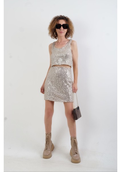 Vizon Pul Payetli Astarlı Mini Etek