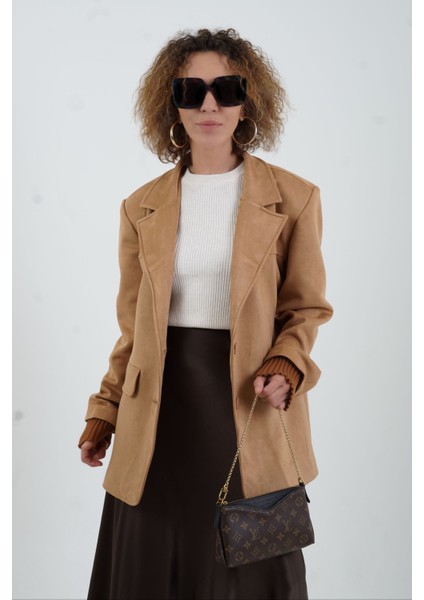 Bej Suni Süet Oversize Blazer Ceket