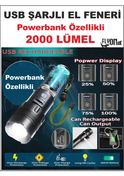 Ultra Güçlü Powerbank Özellikli 2000 Lümel El Feneri Zoom Özellik Şarj Gösterge Hızlı Dolum Deprem