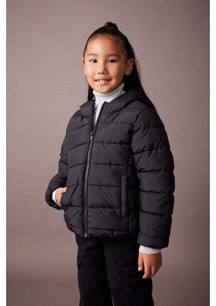 Kapüşonlu Kız Çocuk Şişme Mont Black