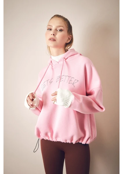 Yazı Nakışlı Triko Detaylı Beli Stoperli Sweatshirt