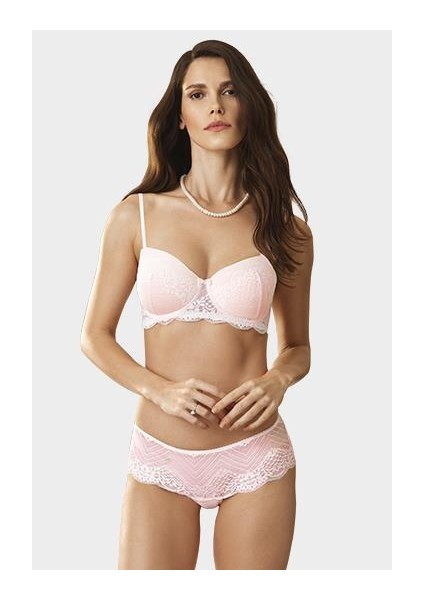 4698 Pudra Milan Push Up Dolgulu Dantelli Askılı Çeyizlik Sütyen Takım