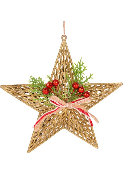 Yılbaşı Süsü Yılbaşı Dekorlu Yıldız Fiyonklu Berryli Gold 25X25 Cm.