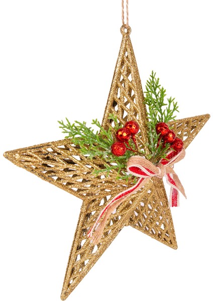 Yılbaşı Süsü Yılbaşı Dekorlu Yıldız Fiyonklu Berryli Gold 25X25 Cm. modelleri