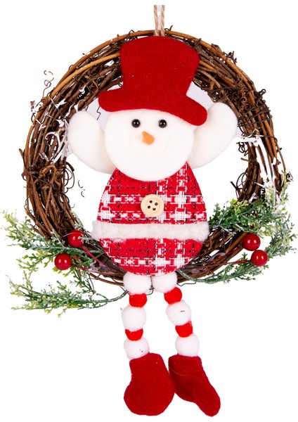 Yılbaşı Süsü Çelenk Kardan Adam Figürlü Kırmızı 15X15 Cm.