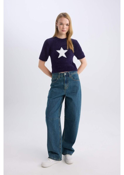 Coool Fitted Bisiklet Yaka Yıldız Baskılı Kısa Kollu Pelüş Triko Kazak C9158AX24WN fiyatları