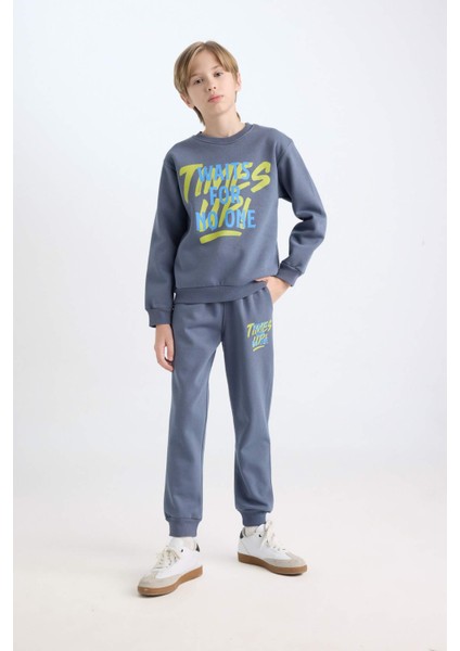 Erkek Çocuk 2'li Takım Bisiklet Yaka Baskılı Sweatshirt Beli Lastikli Jogger Eşofman Altı D3563A824WN
