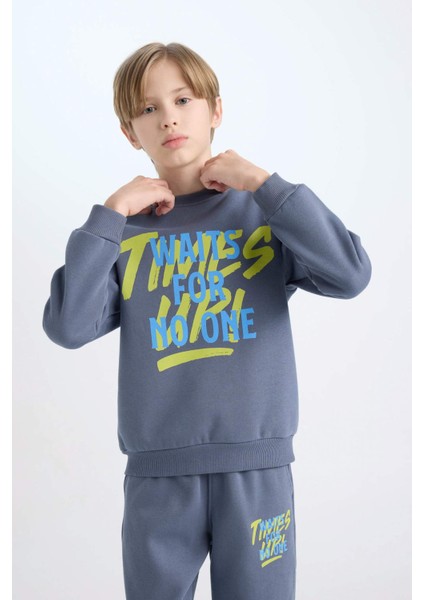 Erkek Çocuk 2'li Takım Bisiklet Yaka Baskılı Sweatshirt Beli Lastikli Jogger Eşofman Altı D3563A824WN