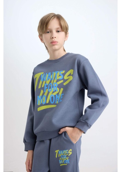 Erkek Çocuk 2'li Takım Bisiklet Yaka Baskılı Sweatshirt Beli Lastikli Jogger Eşofman Altı D3563A824WN