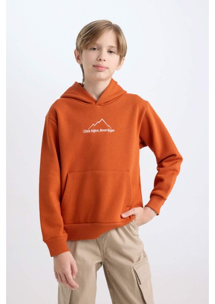 Erkek Çocuk Kapüşonlu Sırt Baskılı Nakışlı Kalın Sweatshirt D3056A824WN