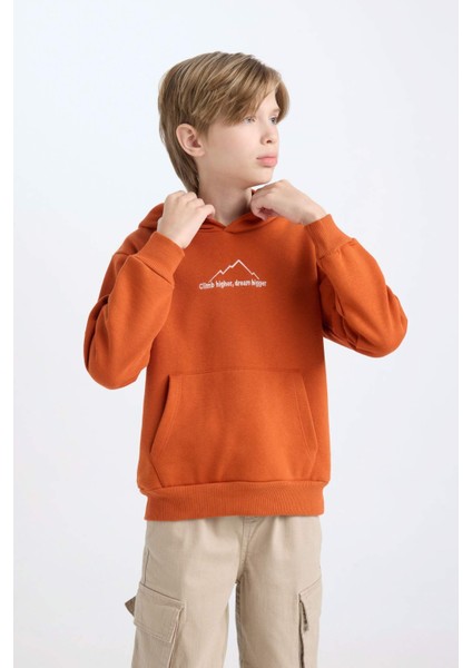 Erkek Çocuk Kapüşonlu Sırt Baskılı Nakışlı Kalın Sweatshirt D3056A824WN
