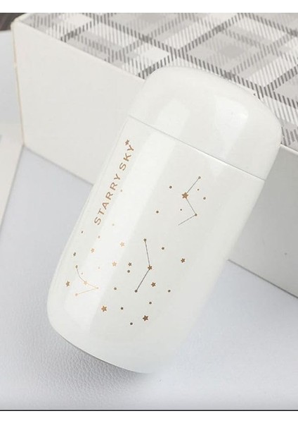 Çelik Termos Yıldız Desenli Şık 200 ml Termos, Yetişkinler Kahve, Bebek Mama Termosu (Beyaz)