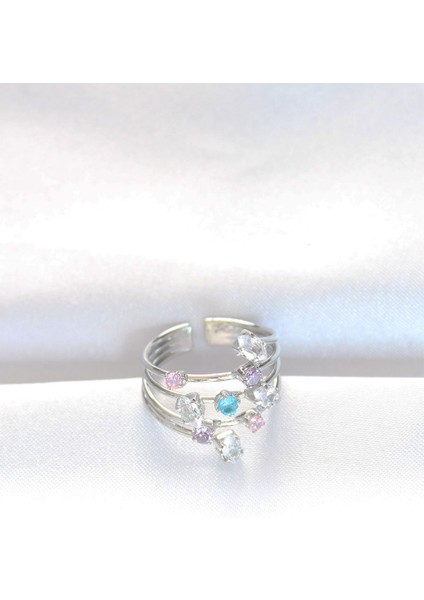 Renkli Zirkon Taşlı Silver Renk Ayarlanabilir Yüzük - TJ-BYK3127