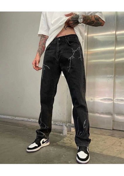 Baggy Şimşek/yıldırım Desenli Jeans Kot Pantolon Koyu Gri Oversize Salaş Sokak Stili Denim