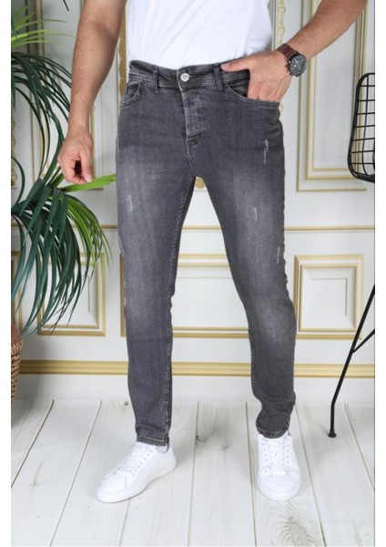 Erkek Füme/gri Regular Fit Likralı Kot Pantolon Fermuarlı Esnek Denim Phantom Jeans