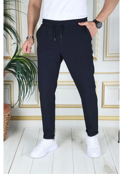 Erkek Lacivert Italyan Kesim Esnek Slim Fit Likralı Lastikli Duble Paça Kumaş Pantolon Okul