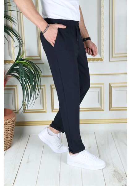 Erkek Lacivert Italyan Kesim Esnek Slim Fit Likralı Lastikli Duble Paça Kumaş Pantolon Okul