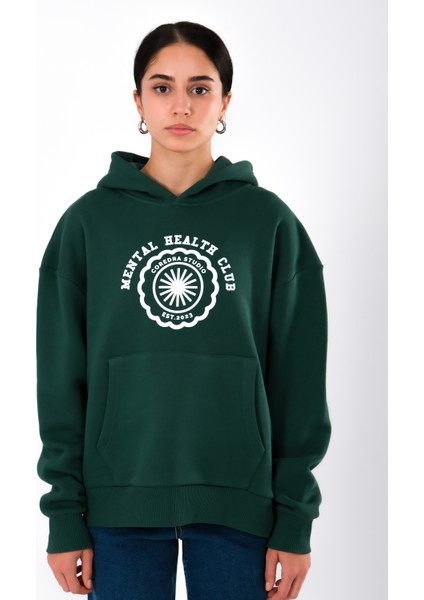 Mental Health Club Relaxed Fit Hoodie Kadın - Yeşil