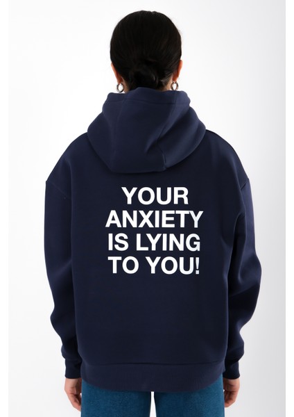 Anxiety Relaxed Fit Hoodie Kadın - Lacivert